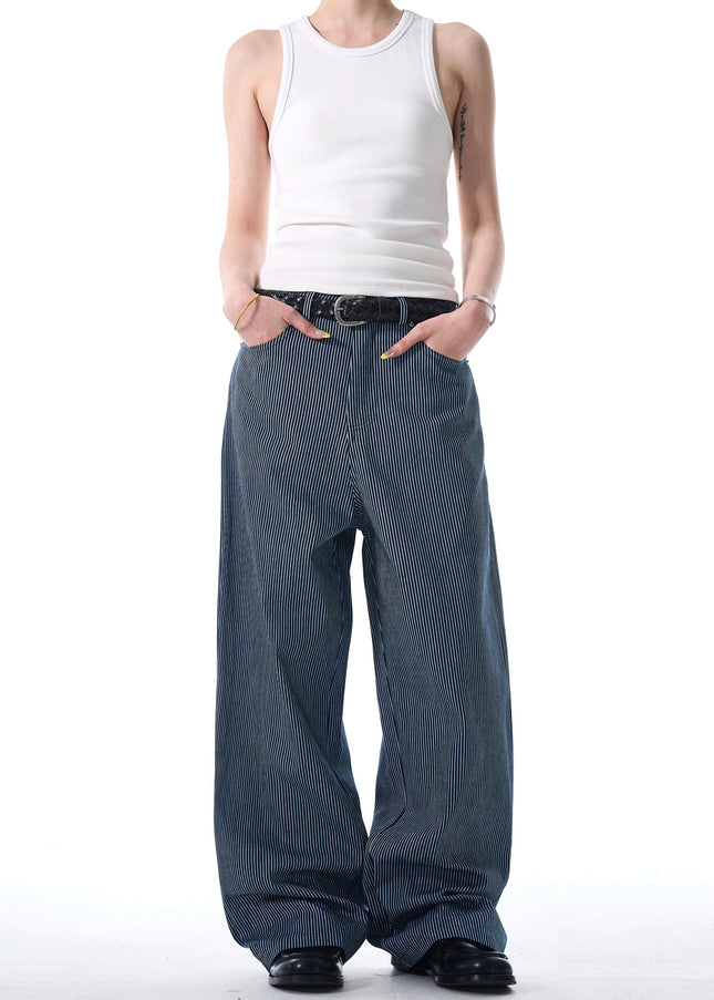Blue Vertical Stripe Loose Wide Leg Casual Jeans - Men’s Jeans