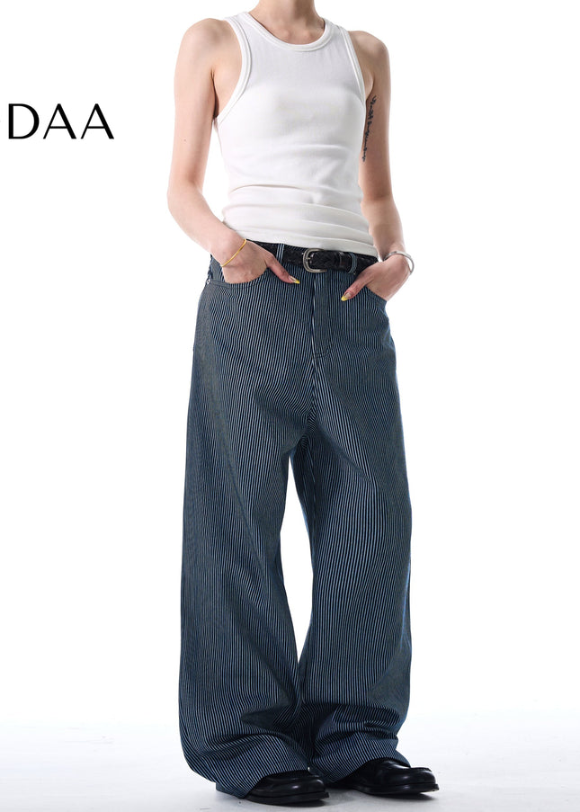 Blue Vertical Stripe Loose Wide Leg Casual Jeans - S / Dark Blue - Men’s Jeans