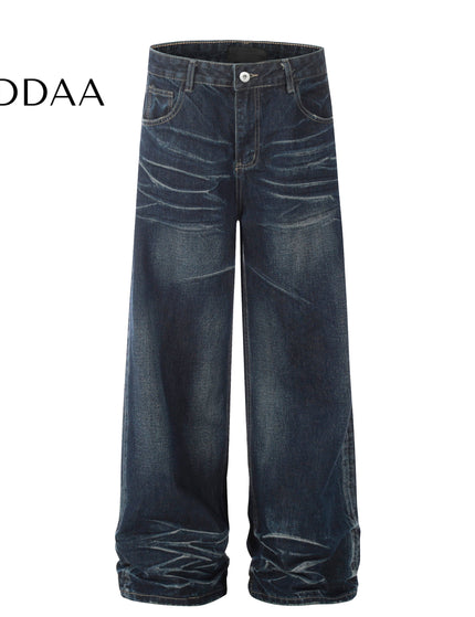Blue Vintage Cat Beard Pattern Wide Leg Jeans - Dark Blue / S - Men’s Jeans