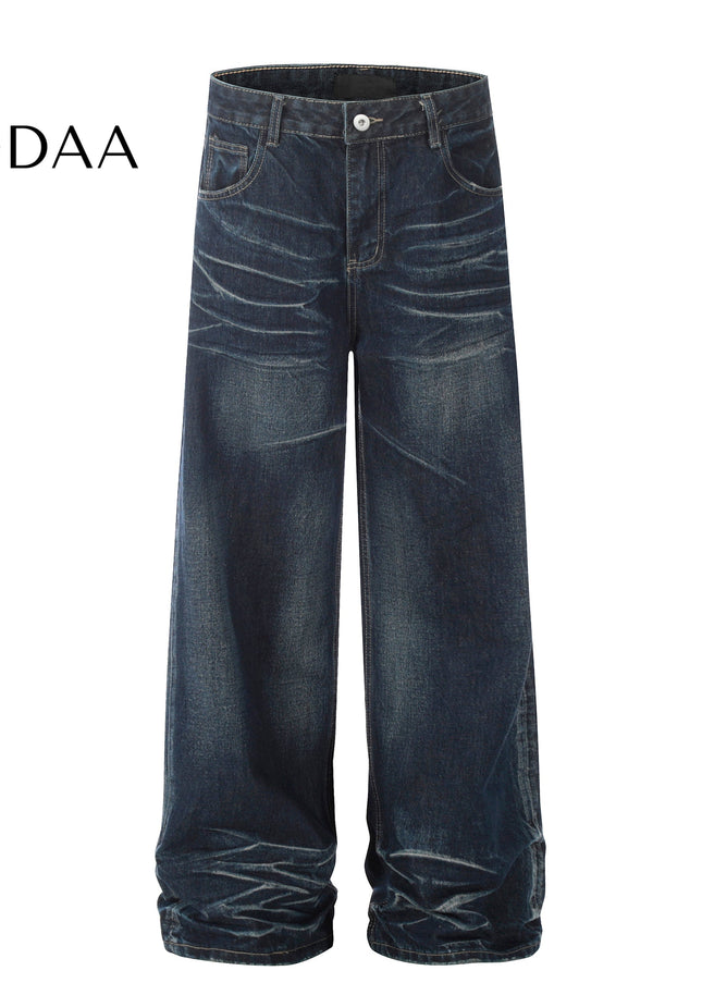 Blue Vintage Cat Beard Pattern Wide Leg Jeans - Dark Blue / S - Men’s Jeans