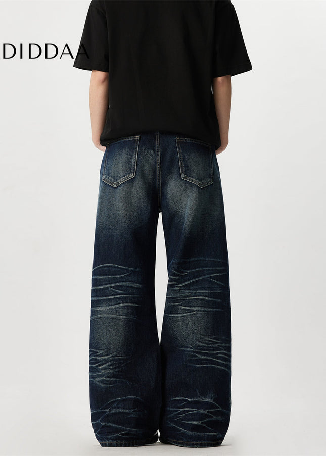 Blue Vintage Cat Beard Pattern Wide Leg Jeans - Men’s Jeans