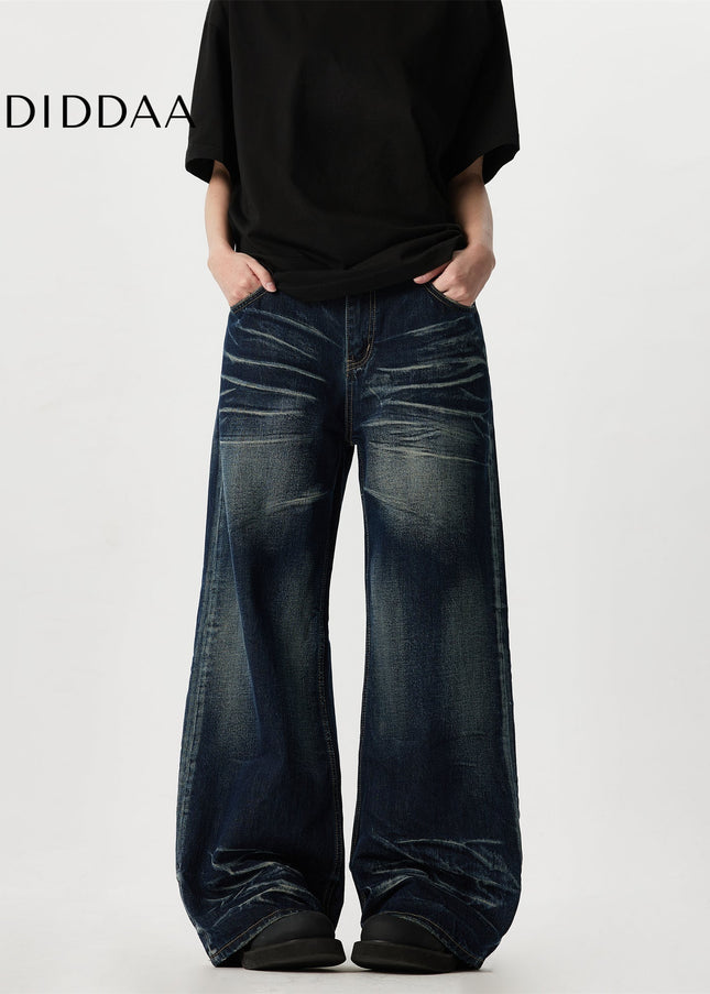 Blue Vintage Cat Beard Pattern Wide Leg Jeans - Men’s Jeans