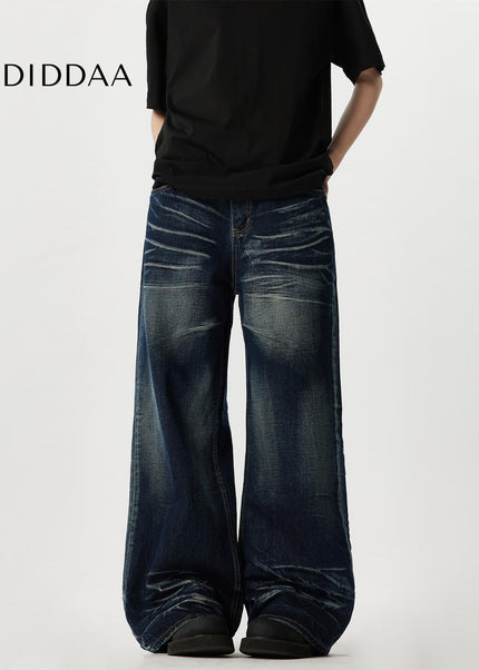 Blue Vintage Cat Beard Pattern Wide Leg Jeans - Men’s Jeans