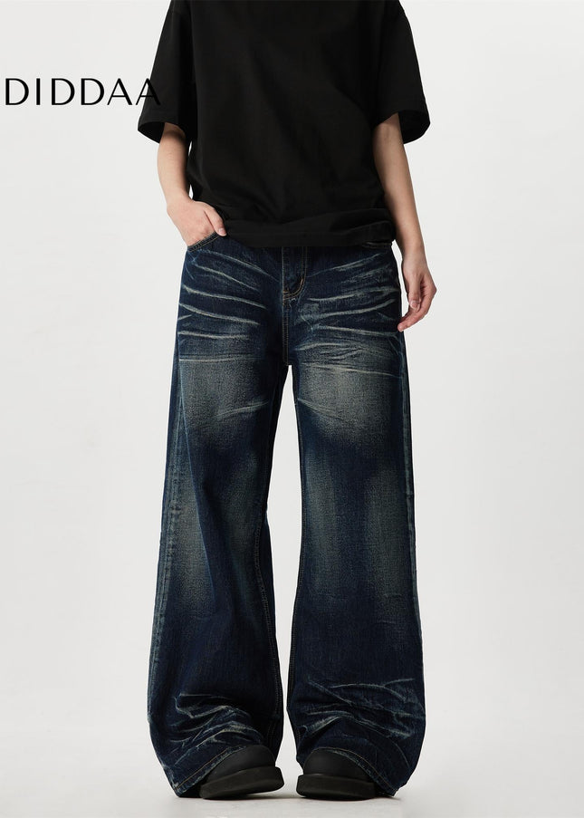 Blue Vintage Cat Beard Pattern Wide Leg Jeans - Men’s Jeans