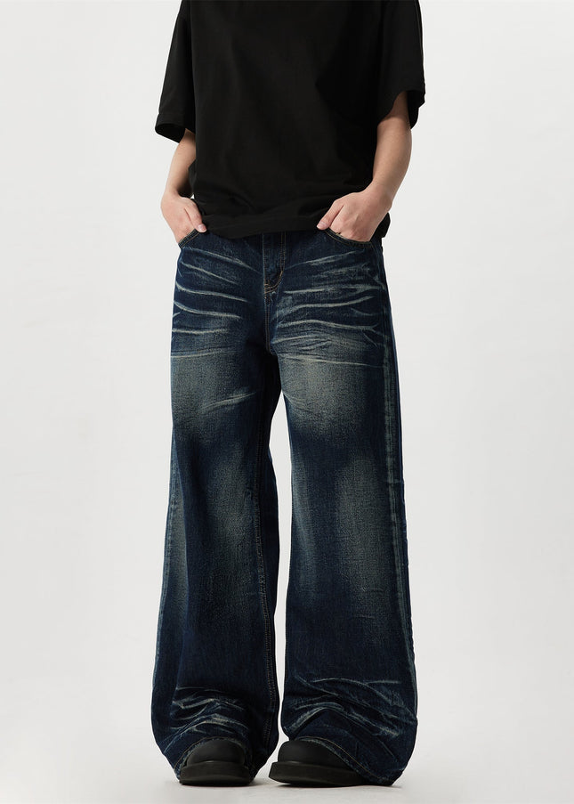 Blue Vintage Cat Beard Pattern Wide Leg Jeans - Men’s Jeans