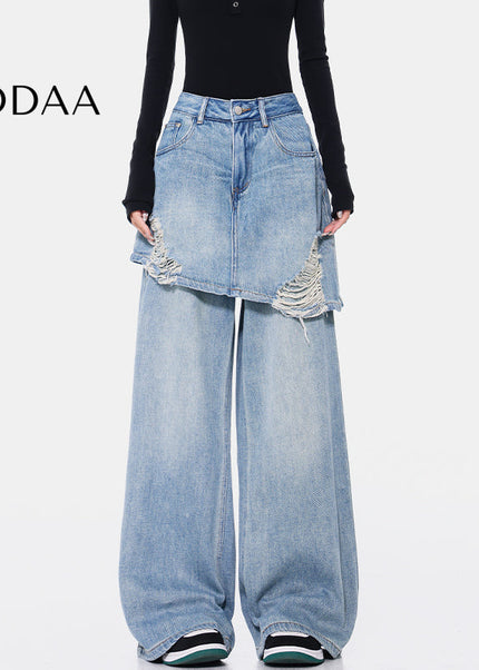 Blue Vintage Distressed Fake Two-Piece Ripped Jeans - S / Light Blue - Women’s Jeans