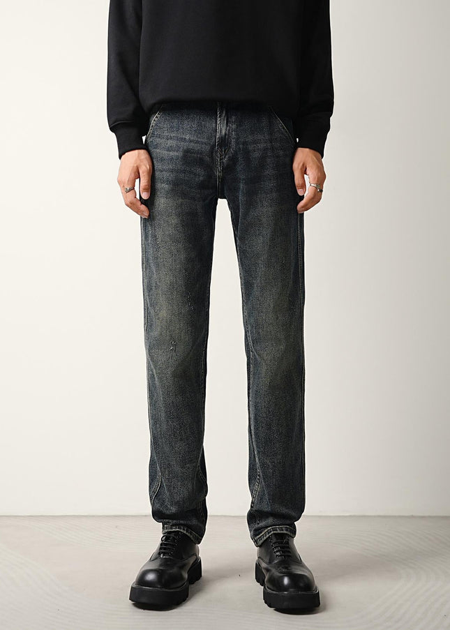 Blue Vintage Distressed Loose Tapered Stretch Jeans - Men’s Jeans
