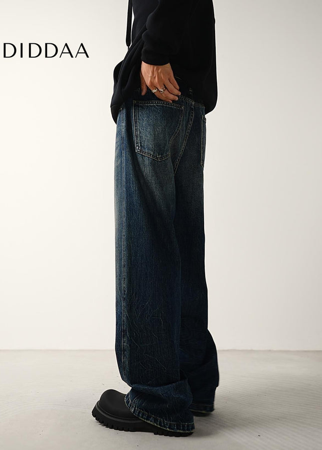 Blue Vintage Distressed Loose Wide-Leg Jeans - Men’s Jeans