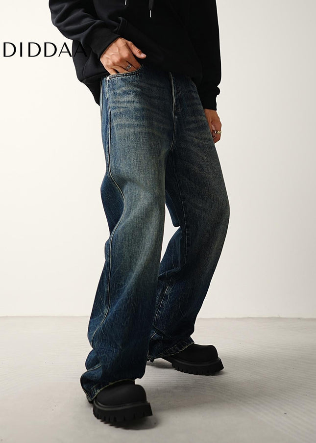 Blue Vintage Distressed Loose Wide-Leg Jeans - Men’s Jeans