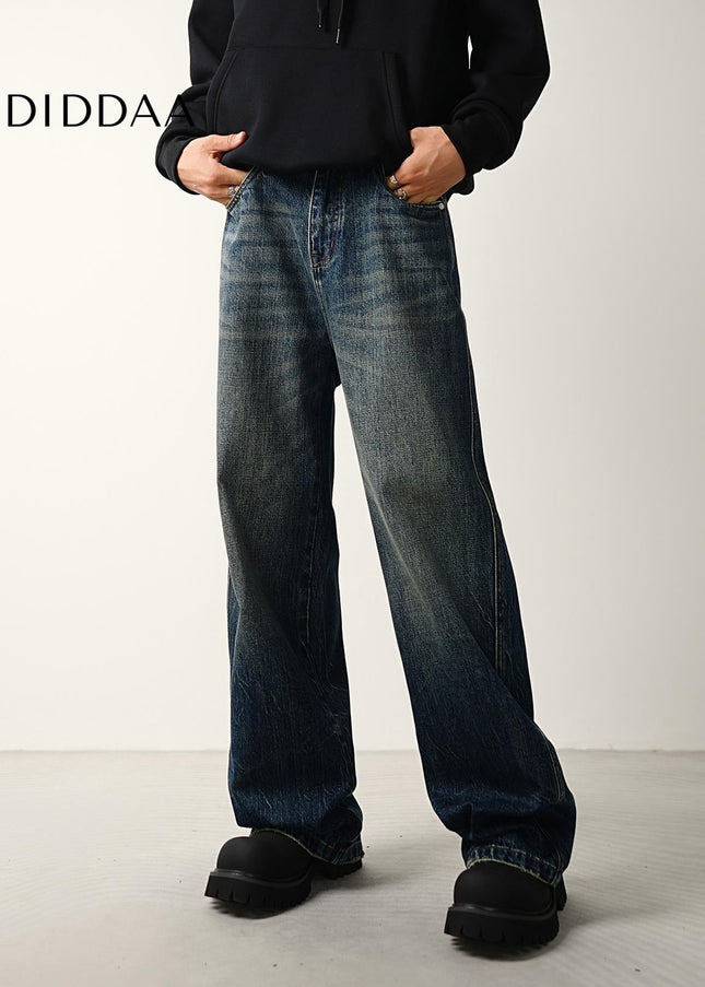 Blue Vintage Distressed Loose Wide-Leg Jeans - Men’s Jeans