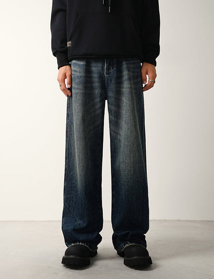 Blue Vintage Distressed Loose Wide-Leg Jeans - S / Dark Blue - Men’s Jeans