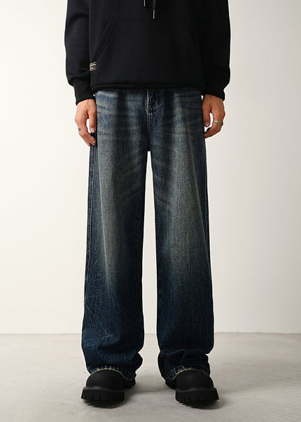 Blue Vintage Distressed Loose Wide-Leg Jeans - S / Dark Blue - Men’s Jeans