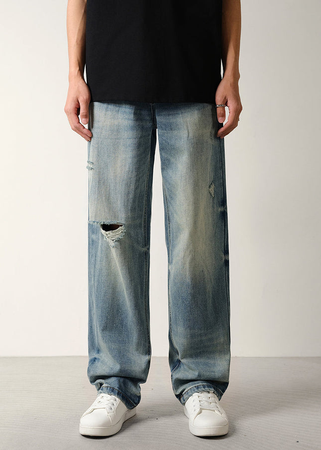 Blue Vintage Distressed Ripped Jeans Men’s Loose Straight - 28 / Mid Blue - Men’s Jeans