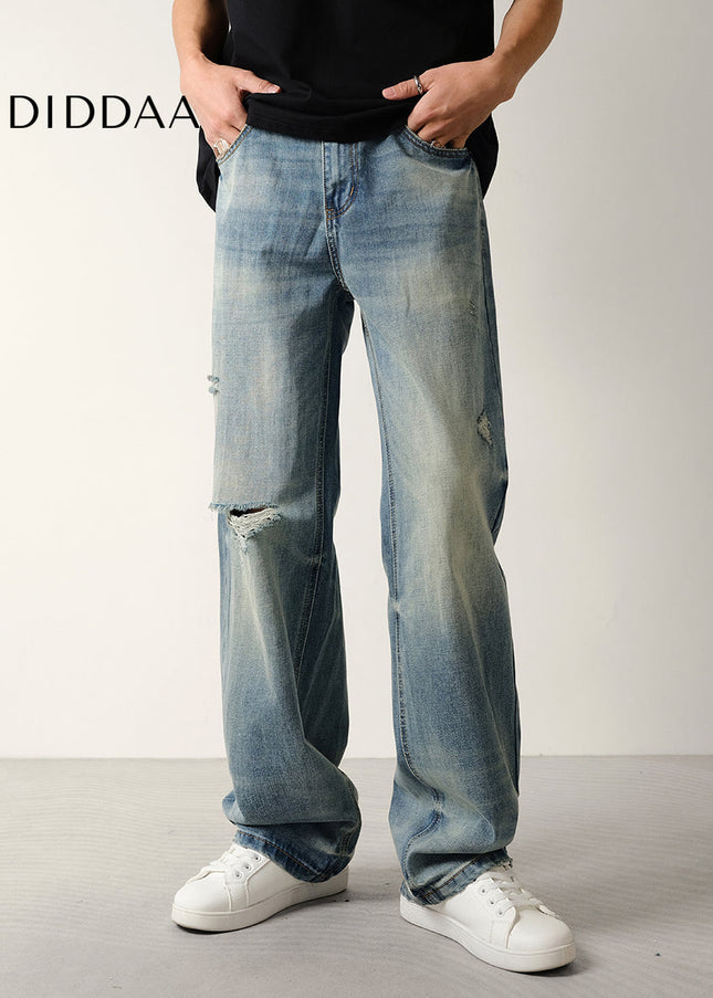 Blue Vintage Distressed Ripped Jeans Men’s Loose Straight - Men’s Jeans