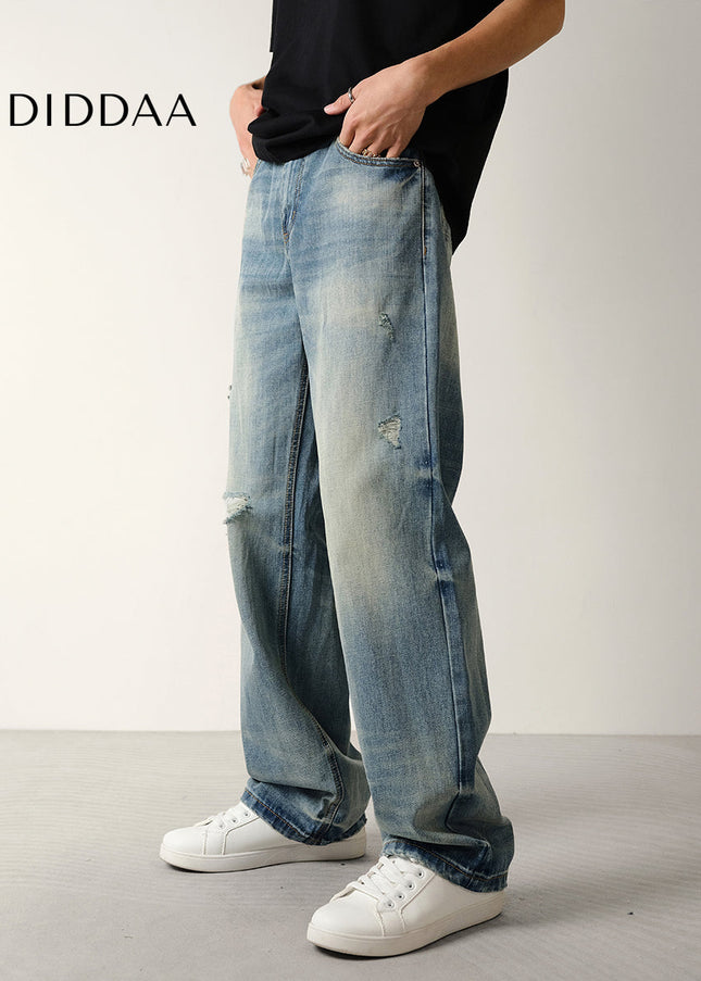 Blue Vintage Distressed Ripped Jeans Men’s Loose Straight - Men’s Jeans