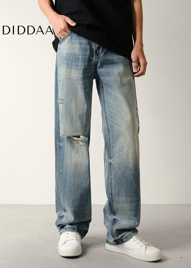Blue Vintage Distressed Ripped Jeans Men’s Loose Straight - Men’s Jeans