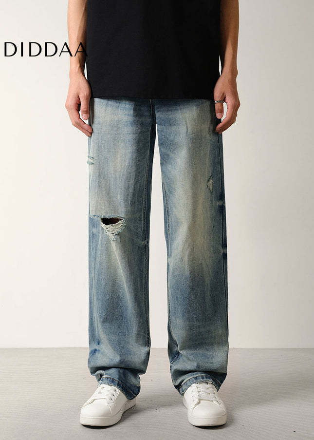 Blue Vintage Distressed Ripped Jeans Men’s Loose Straight - Men’s Jeans