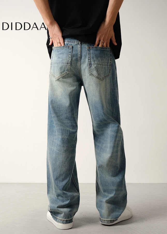 Blue Vintage Distressed Ripped Jeans Men’s Loose Straight - Men’s Jeans