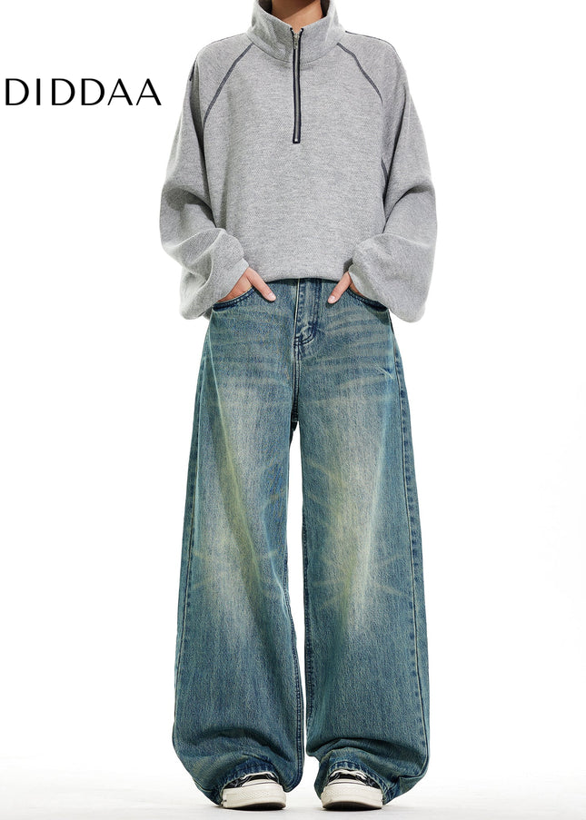 Blue Vintage Distressed Wide Leg Denim Pants - Men’s Jeans