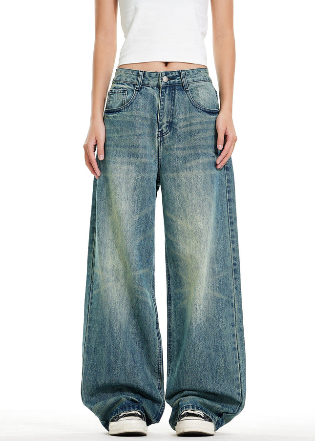Blue Vintage Distressed Wide Leg Denim Pants - Men’s Jeans