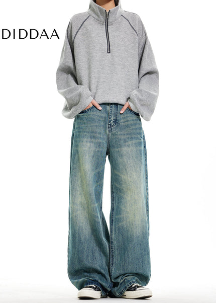 Blue Vintage Distressed Wide Leg Denim Pants - Men’s Jeans