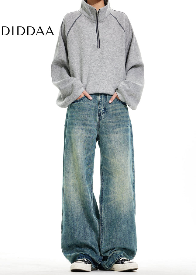 Blue Vintage Distressed Wide Leg Denim Pants - Men’s Jeans