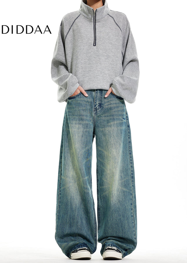 Blue Vintage Distressed Wide Leg Denim Pants - Men’s Jeans