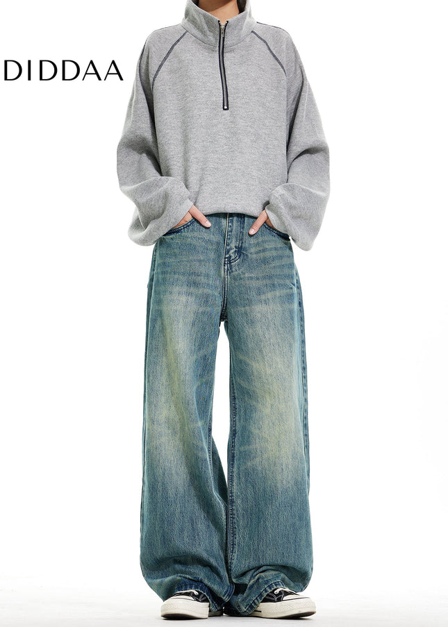 Blue Vintage Distressed Wide Leg Denim Pants - Men’s Jeans