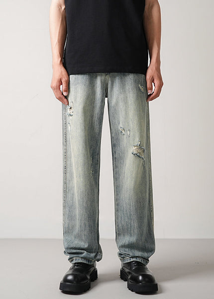 Blue Vintage Ripped Casual Loose Straight Leg Jeans - 28 / Light Blue - Men’s Jeans
