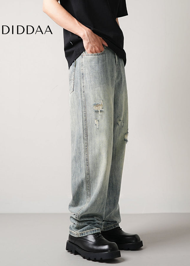 Blue Vintage Ripped Casual Loose Straight Leg Jeans - Men’s Jeans