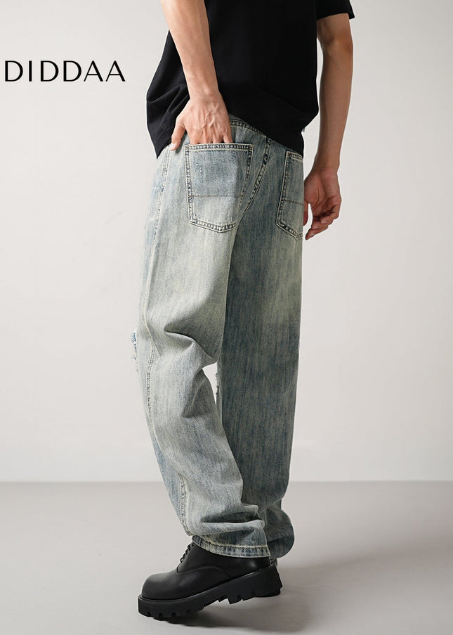 Blue Vintage Ripped Casual Loose Straight Leg Jeans - Men’s Jeans