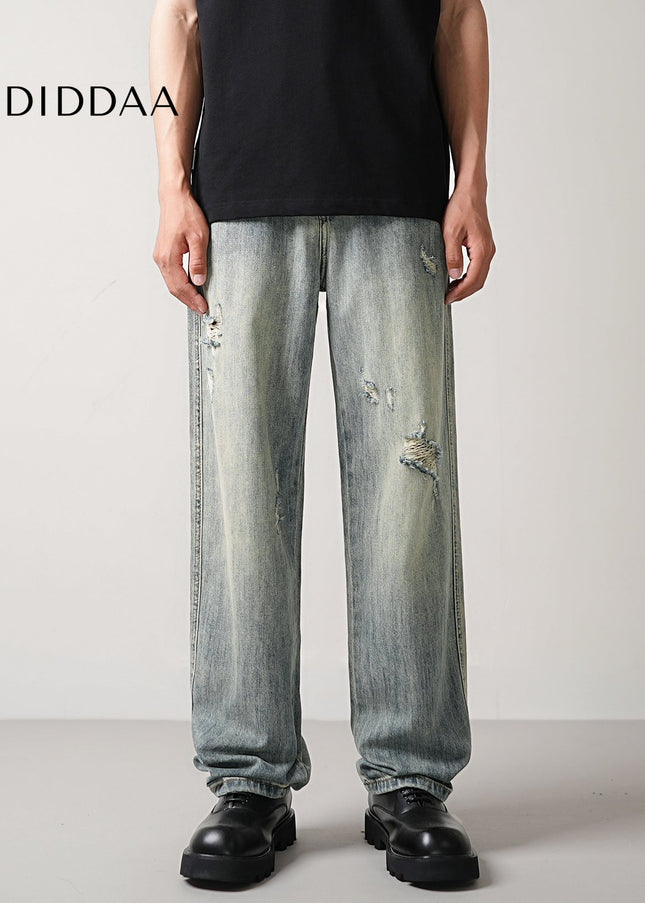 Blue Vintage Ripped Casual Loose Straight Leg Jeans - Men’s Jeans