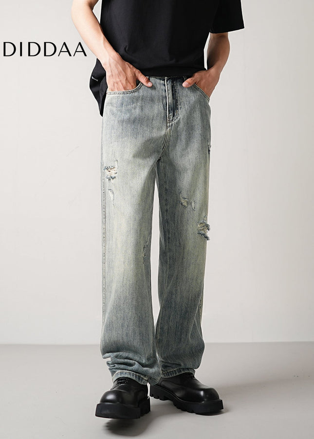 Blue Vintage Ripped Casual Loose Straight Leg Jeans - Men’s Jeans