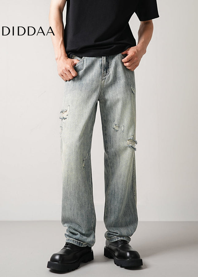 Blue Vintage Ripped Casual Loose Straight Leg Jeans - Men’s Jeans