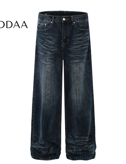 Blue Vintage Straight Leg Jeans with Cat Whiskers Design - Dark Blue / S - Men’s Jeans