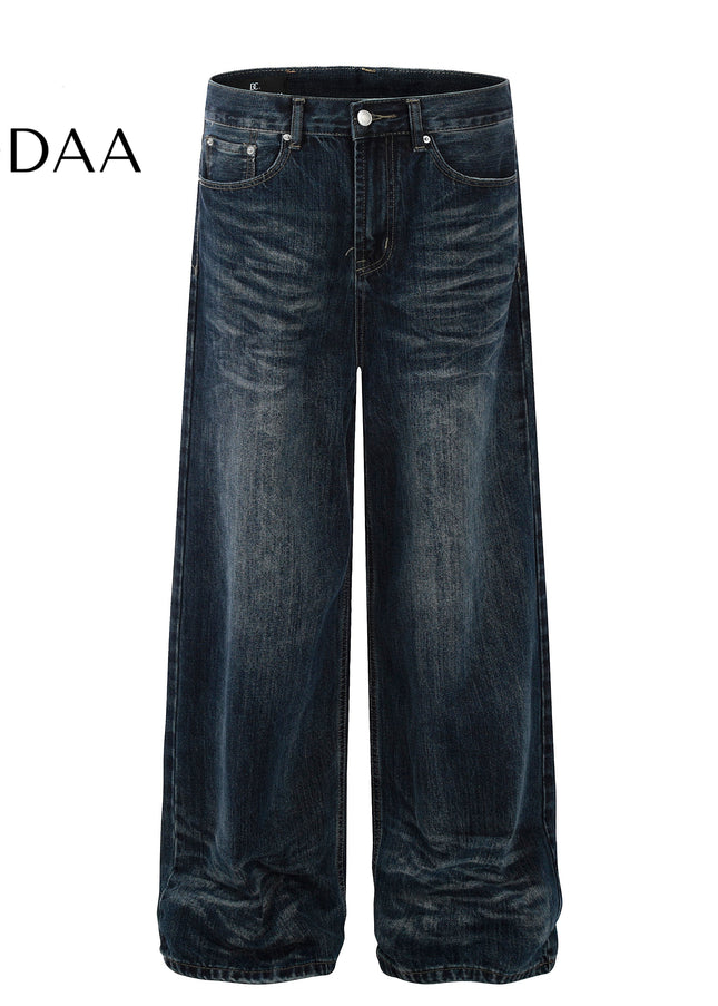 Blue Vintage Straight Leg Jeans with Cat Whiskers Design - Dark Blue / S - Men’s Jeans