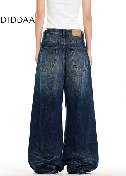 Blue Vintage Straight Leg Jeans with Cat Whiskers Design - Men’s Jeans