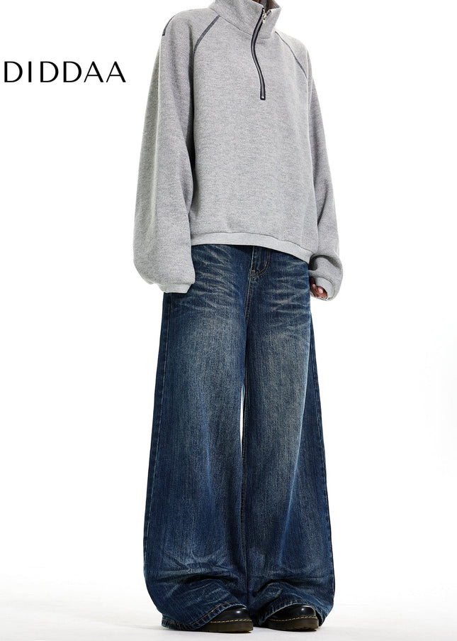 Blue Vintage Straight Leg Jeans with Cat Whiskers Design - Men’s Jeans