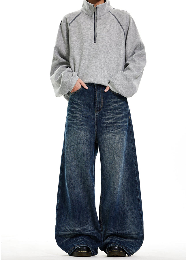 Blue Vintage Straight Leg Jeans with Cat Whiskers Design - Men’s Jeans