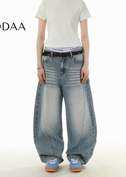 Blue Vintage Wash Deconstructed Loose Fit Jeans - S / Mid Blue - Men’s Jeans