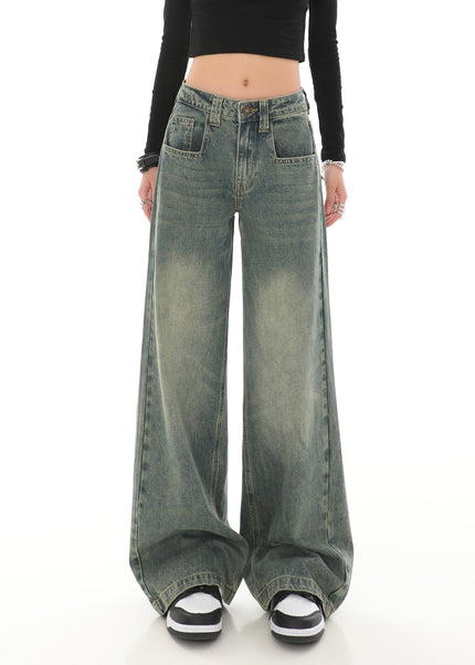 Blue Vintage Wash Distressed High-Waisted Straight Leg Jeans - Women’s Jeans