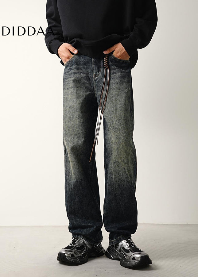 Blue Vintage Wash Distressed Loose Straight Jeans - Men’s Jeans