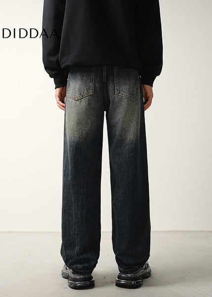 Blue Vintage Wash Distressed Loose Straight Jeans - Men’s Jeans