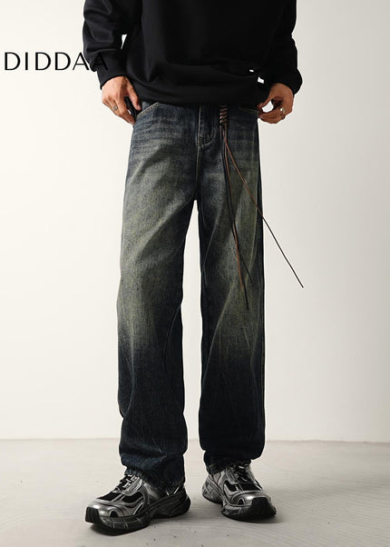 Blue Vintage Wash Distressed Loose Straight Jeans - Men’s Jeans