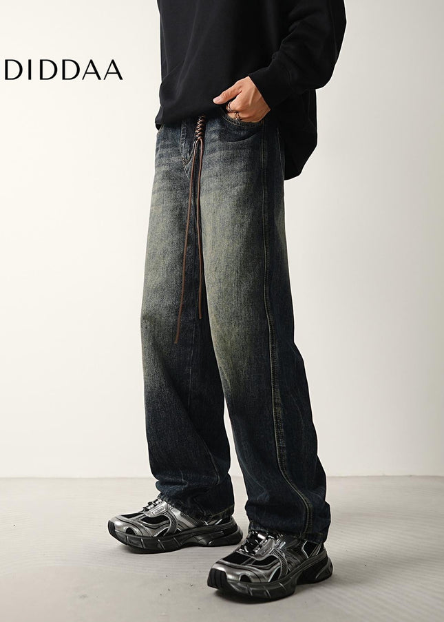Blue Vintage Wash Distressed Loose Straight Jeans - Men’s Jeans