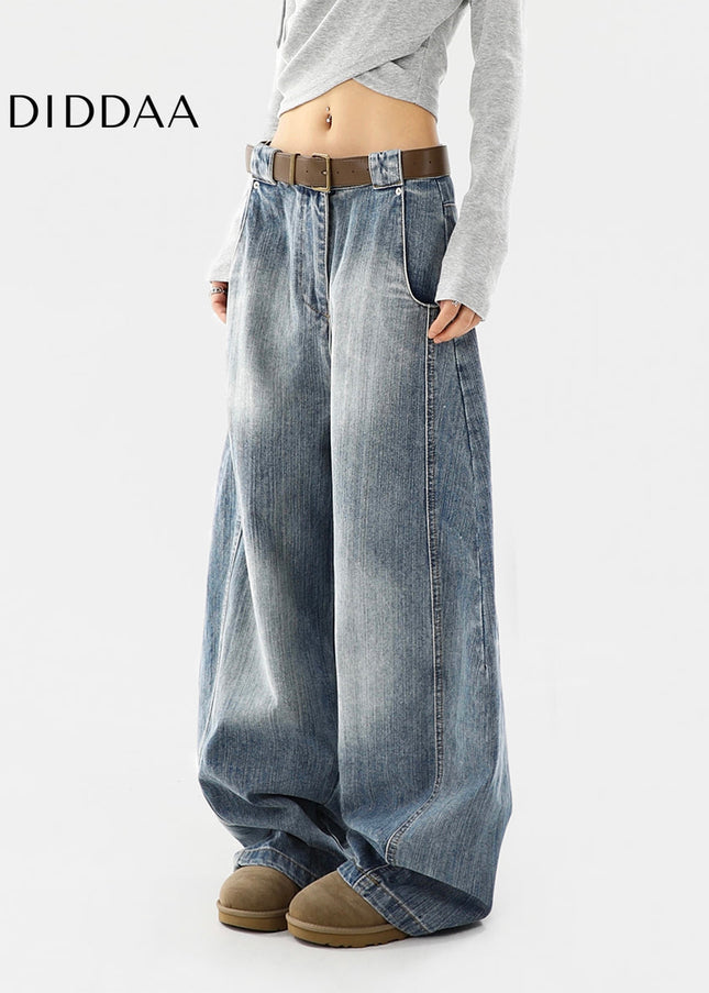 Blue Vintage Wash Distressed Wide Leg Jeans - Women’s Jeans