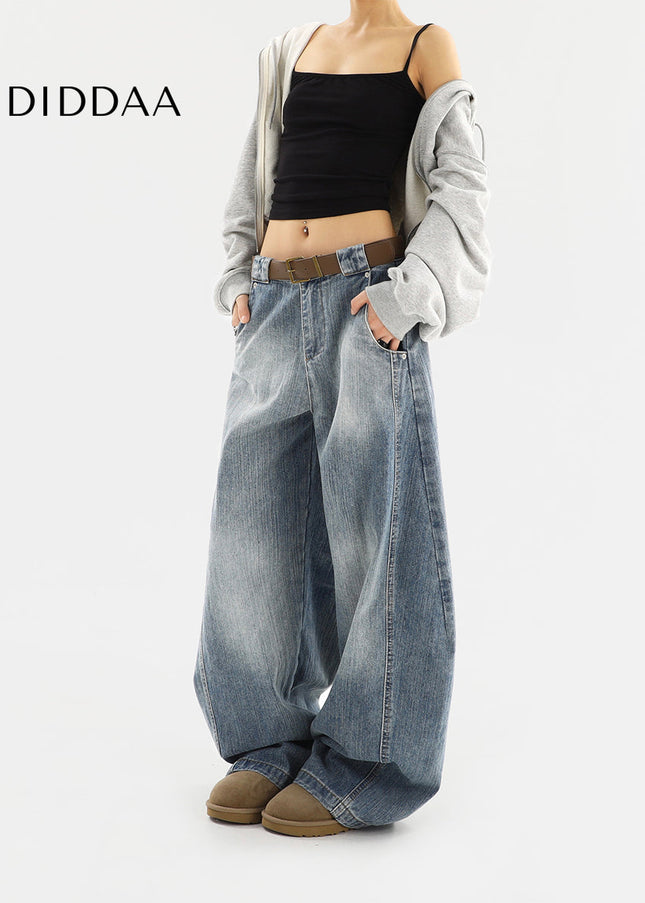 Blue Vintage Wash Distressed Wide Leg Jeans - Women’s Jeans