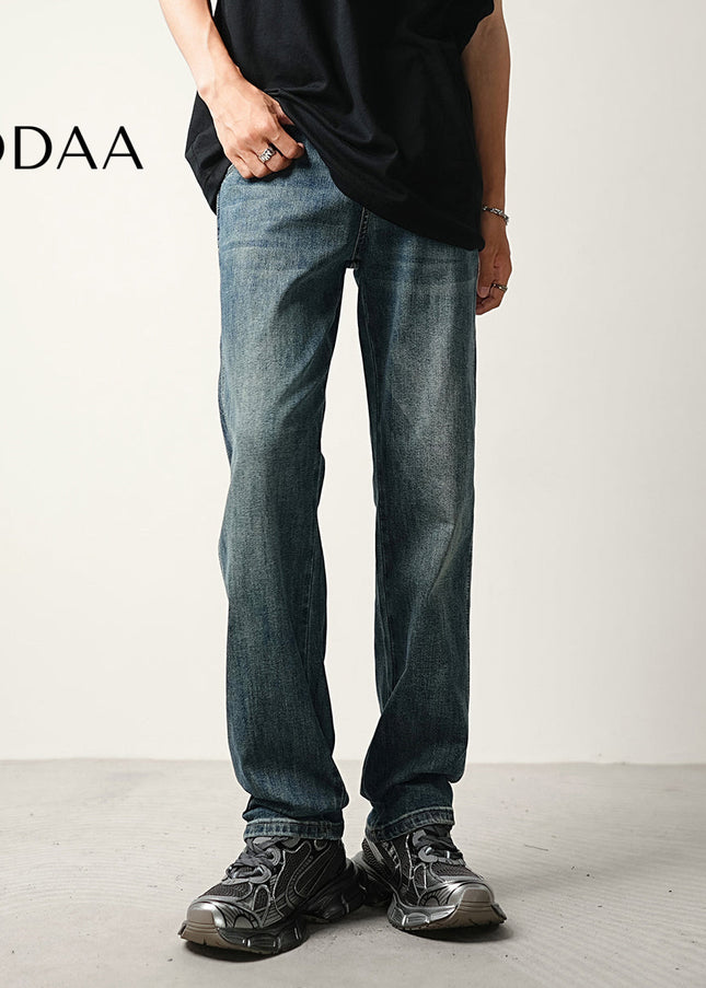 Blue Vintage Wash Stretch Loose Straight Jeans - Men’s Jeans
