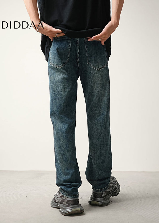 Blue Vintage Wash Stretch Loose Straight Jeans - Men’s Jeans