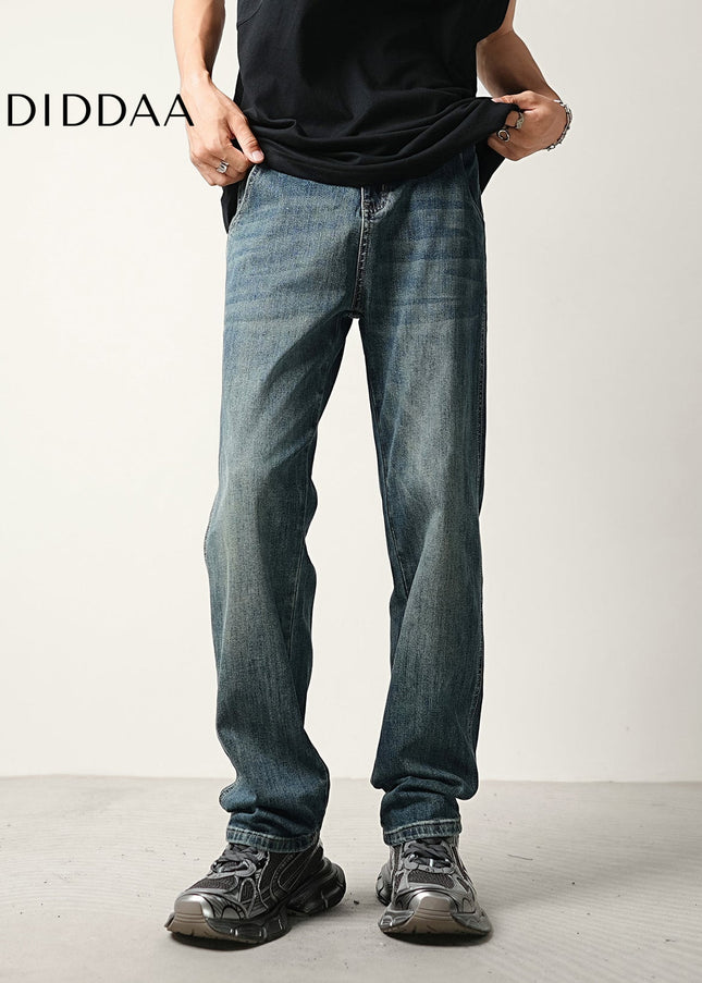 Blue Vintage Wash Stretch Loose Straight Jeans - Men’s Jeans